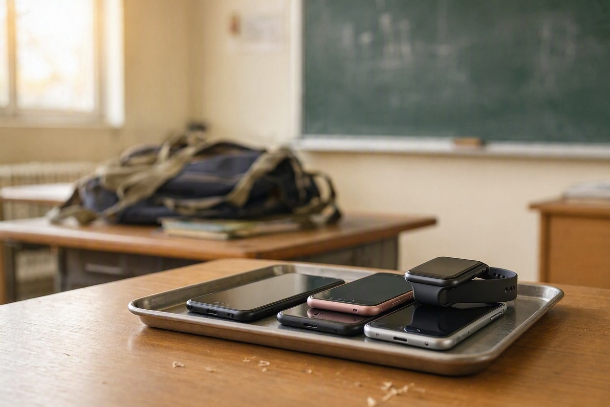 Confiscated phones and a smartwatch on a tray, an untouched school bag in the background